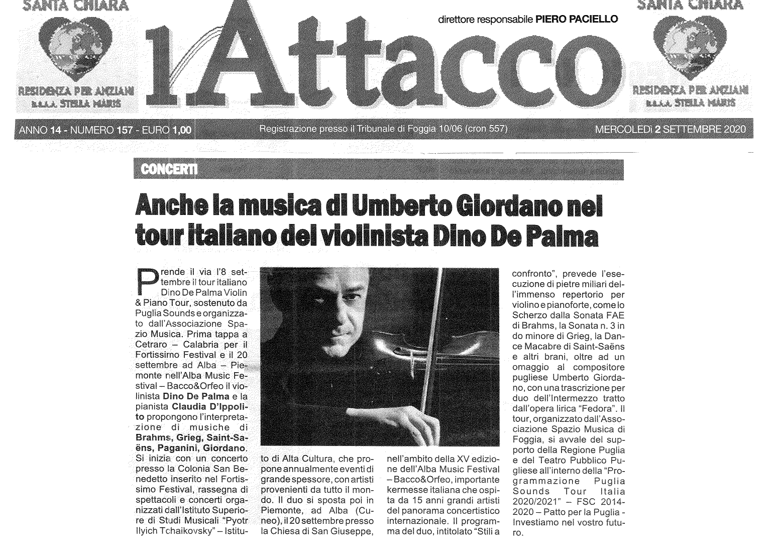 Dino De Palma Violin & Piano Tour Quotidiano L’Attacco, 2 settembre 2020